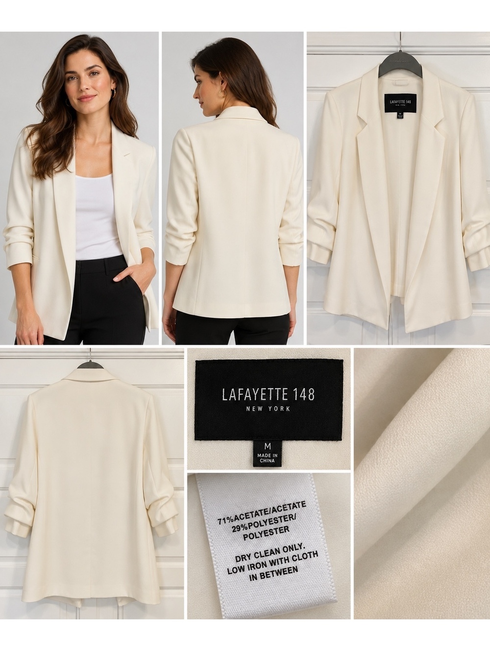 Lafayette 148 New York Blazer Women M Ivory Open Front Ruched Sleeve Jacket